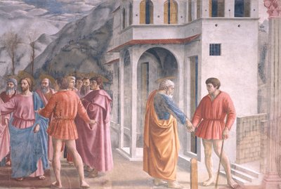 De belastingpenning, uit de Brancacci-kapel, ca. 1426 (detail) door Tommaso Masaccio